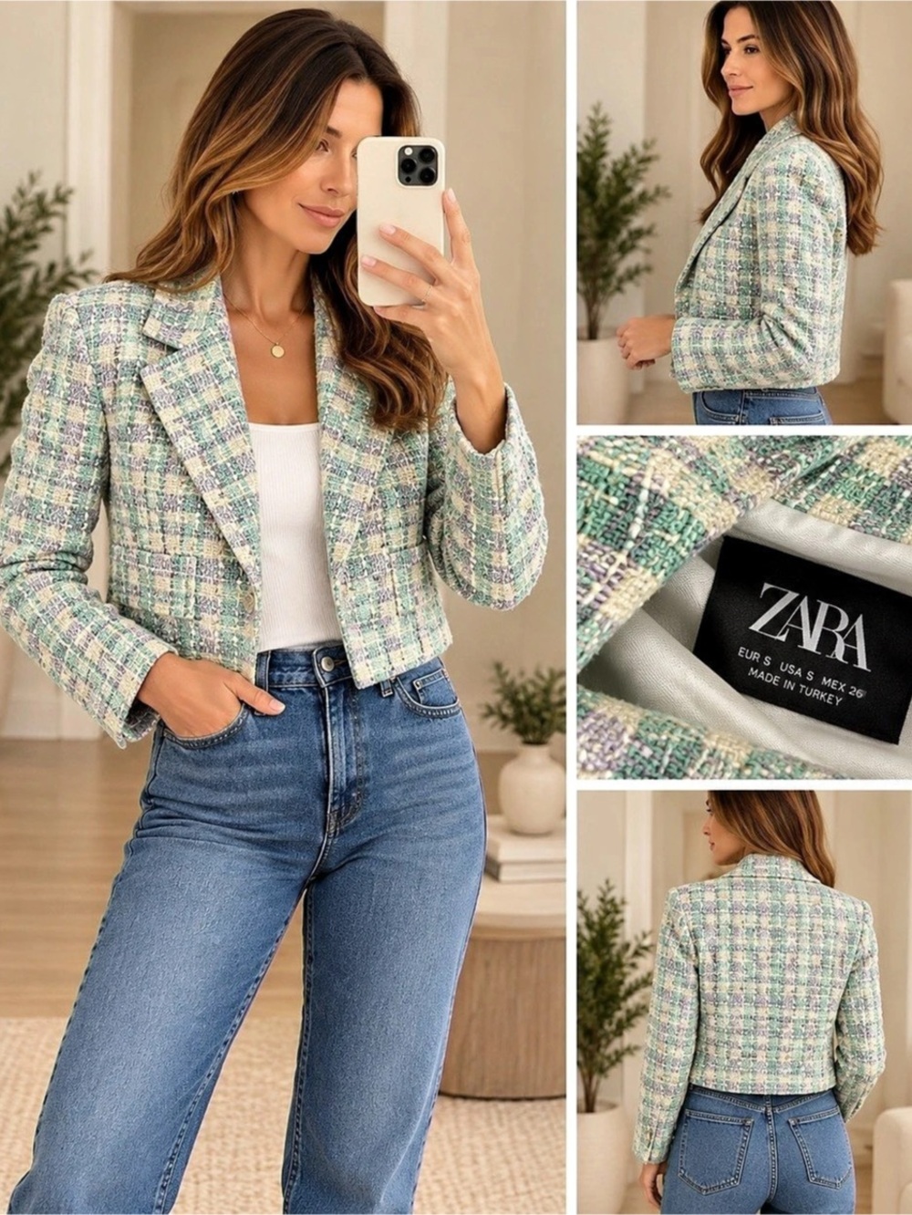 Zara Plaid Cropped Blazer in Green & Pink Size Medium Like New